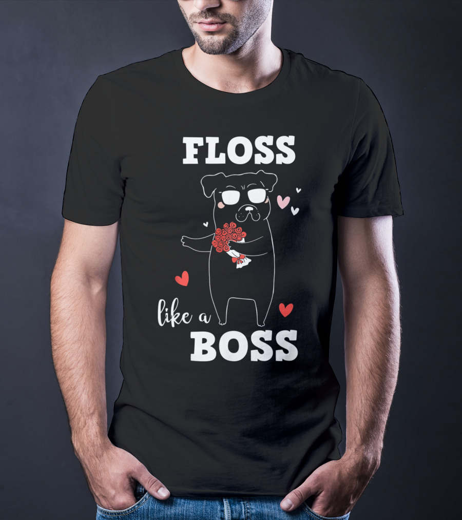 Floss Like A Boss Valentines Day Dog Holding Flowers With Hearts T-Shirt