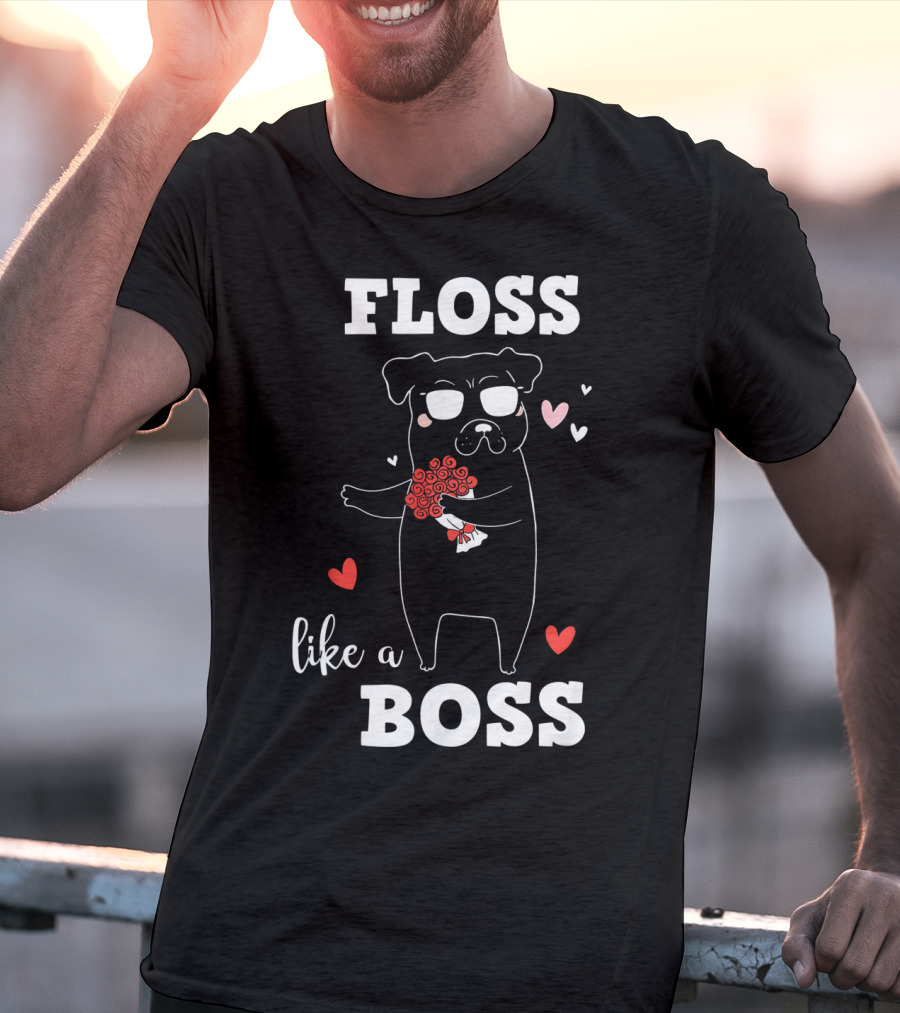 Floss Like A Boss Valentines Day Dog Holding Flowers With Hearts T-Shirt