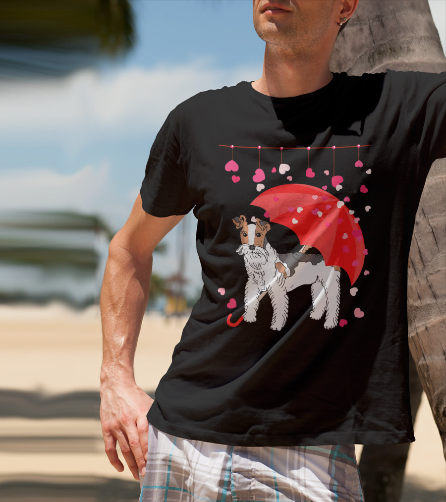 Fox Terrier With Red Umbrella And Falling Hearts Valentines T-Shirt