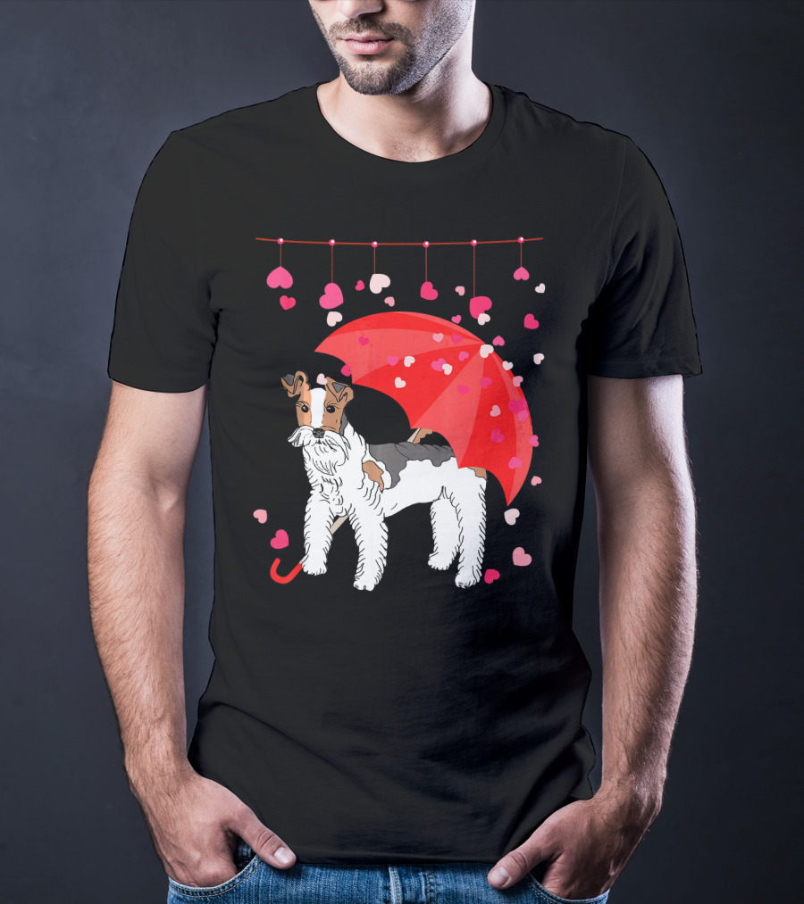 Fox Terrier With Red Umbrella And Falling Hearts Valentines T-Shirt