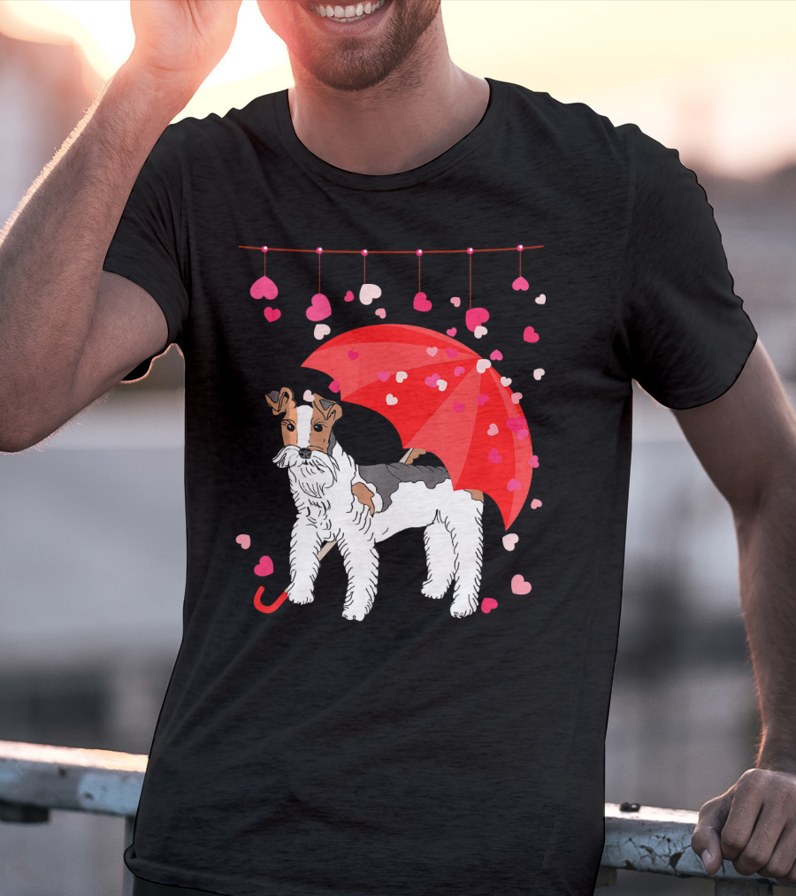 Fox Terrier With Red Umbrella And Falling Hearts Valentines T-Shirt
