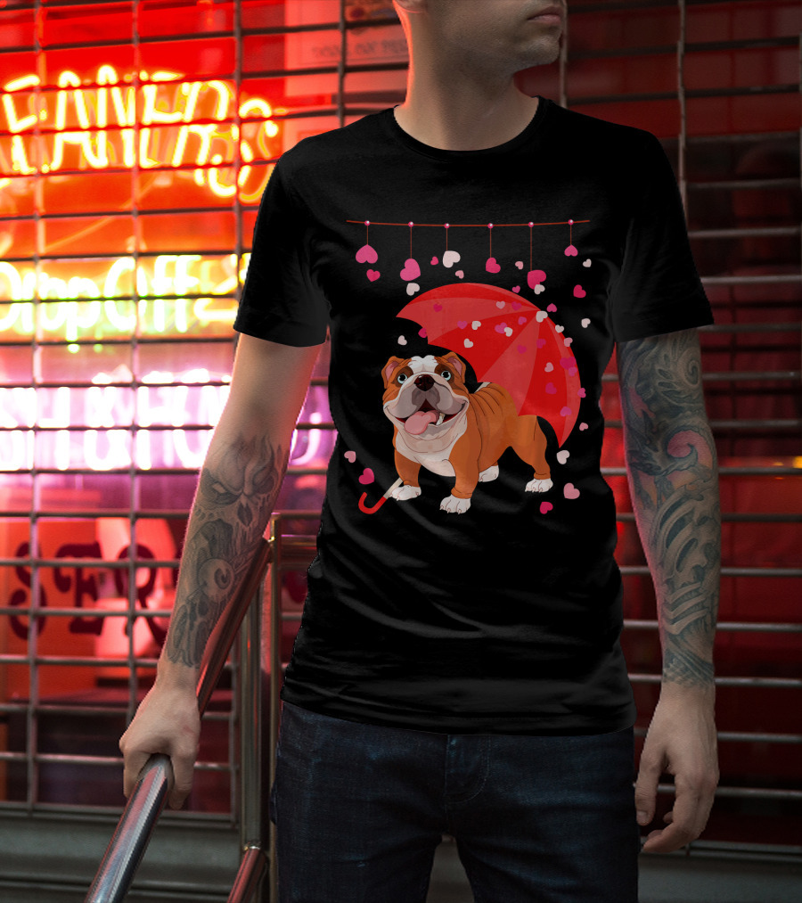 French Bulldog Raining Hearts Under Red Umbrella Valentines T-Shirt