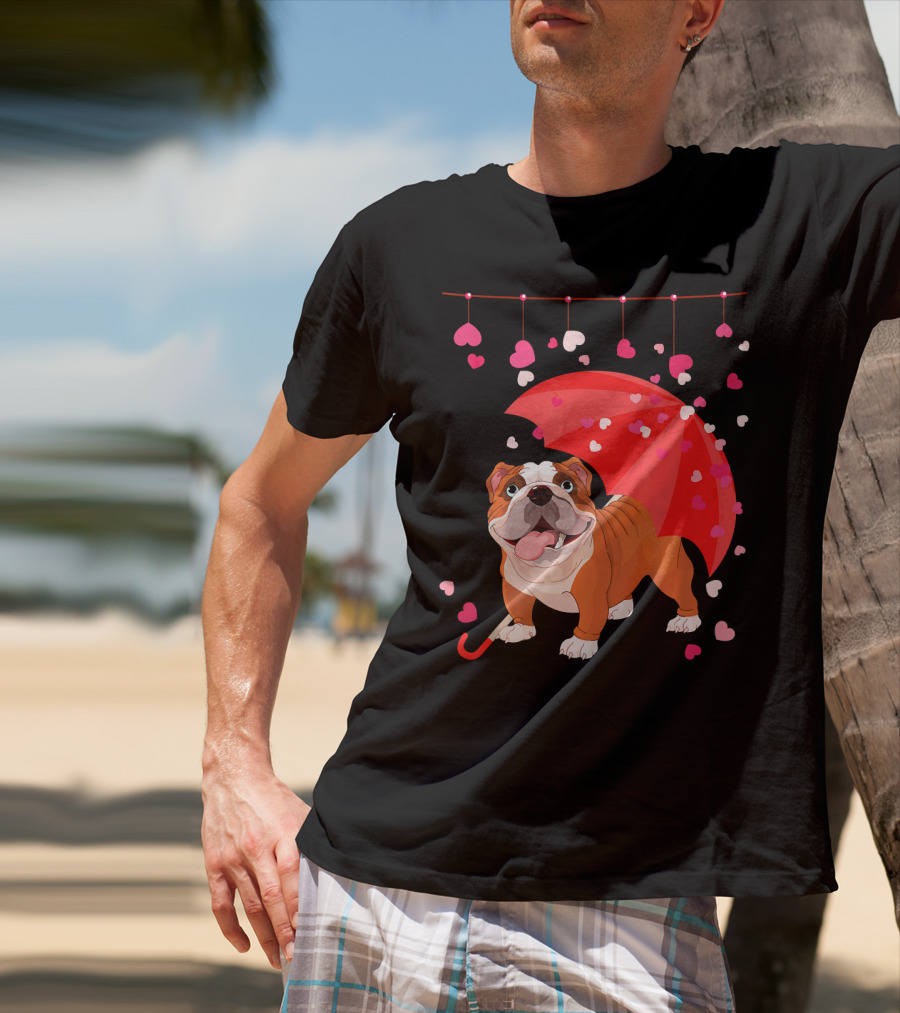 French Bulldog Raining Hearts Under Red Umbrella Valentines T-Shirt