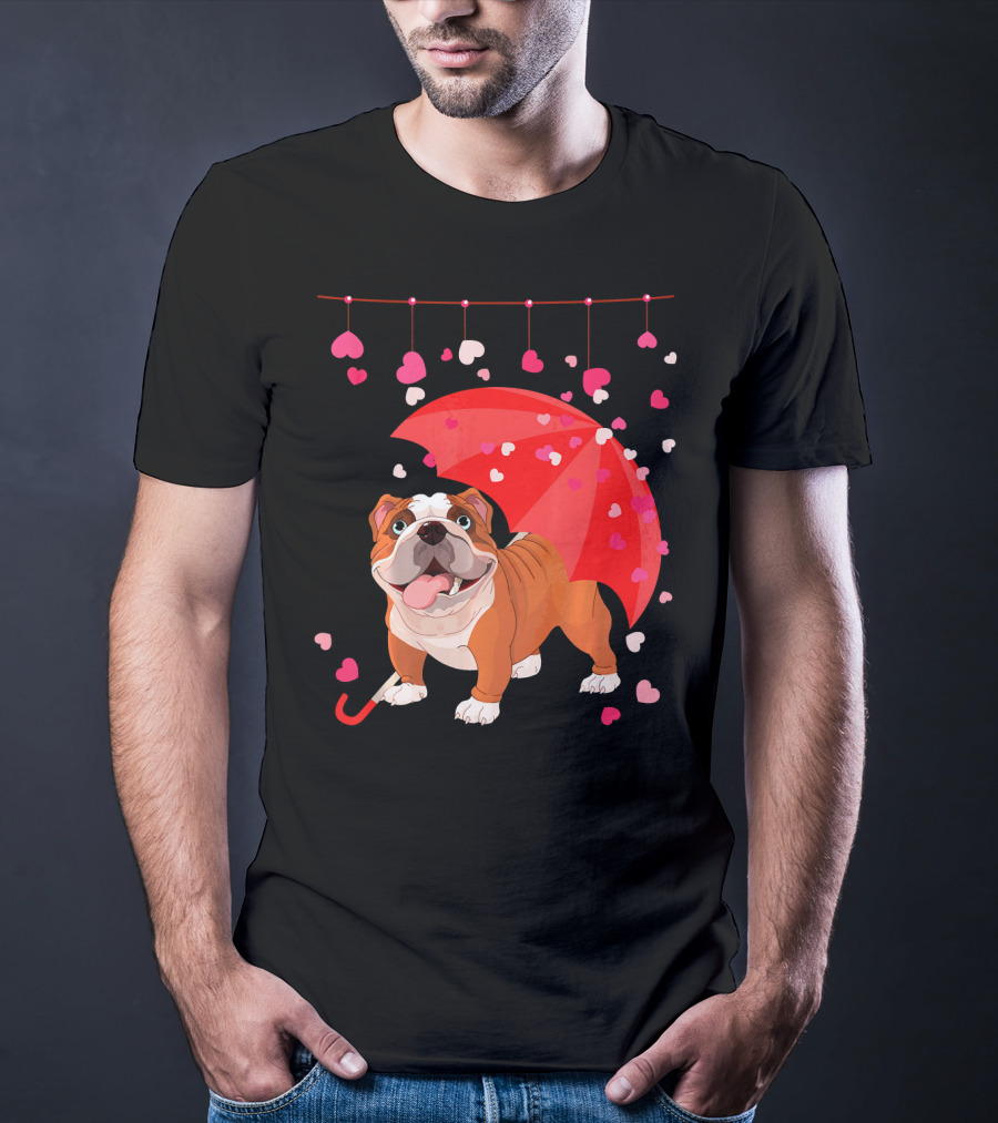 French Bulldog Raining Hearts Under Red Umbrella Valentines T-Shirt