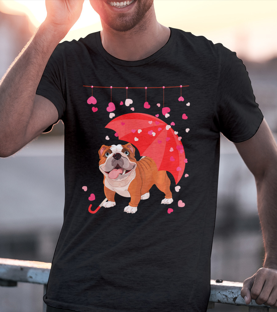 French Bulldog Raining Hearts Under Red Umbrella Valentines T-Shirt