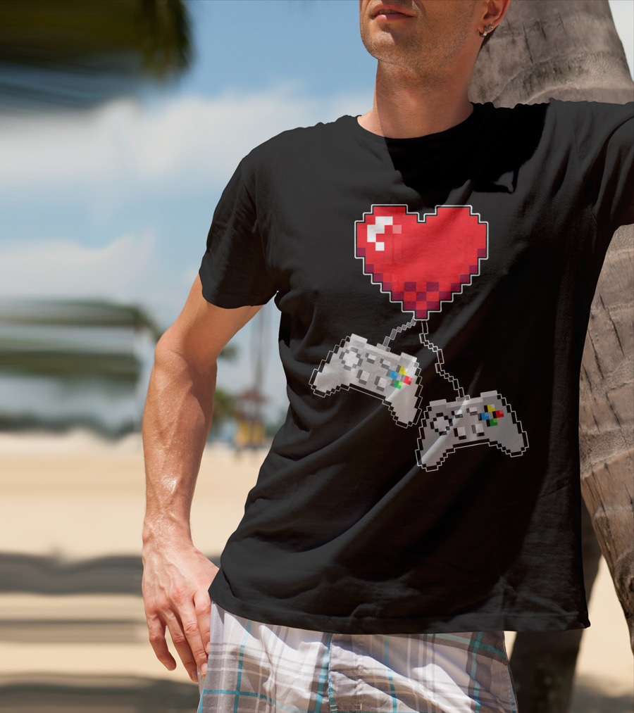 Pixel Heart Gaming Valentine Dual Controller Fun T-Shirt
