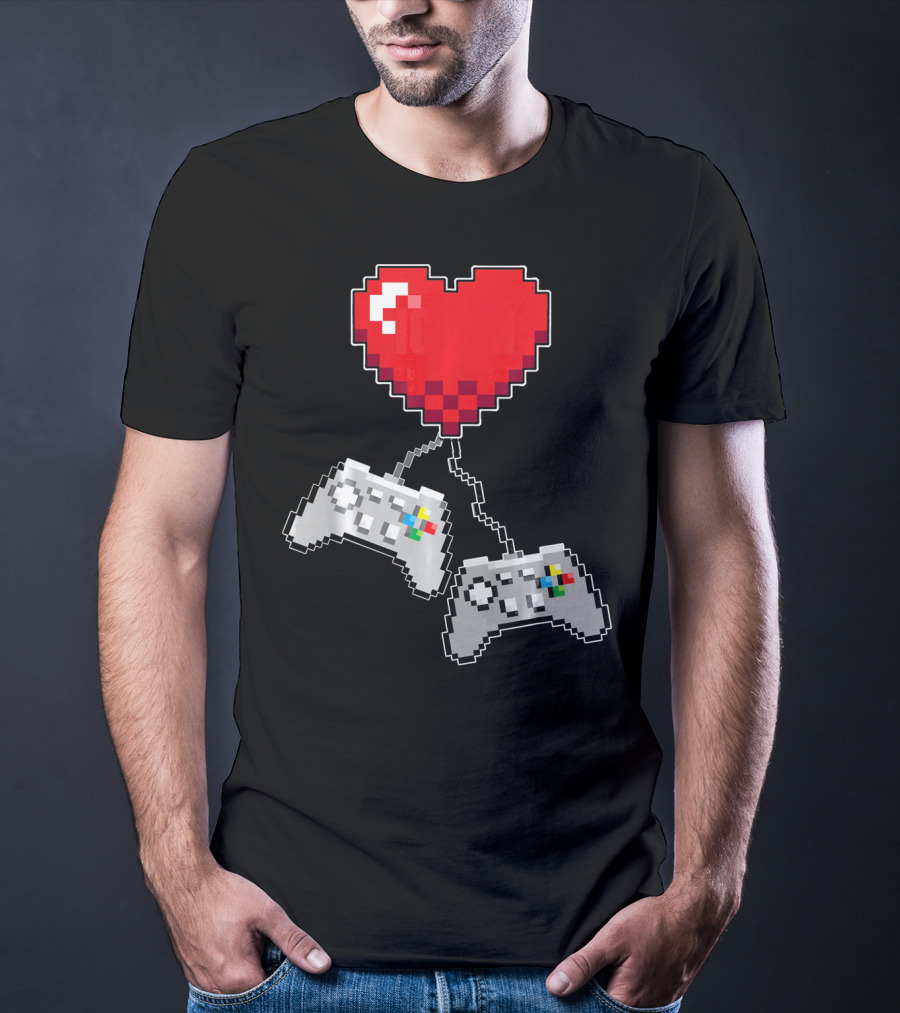 Pixel Heart Gaming Valentine Dual Controller Fun T-Shirt