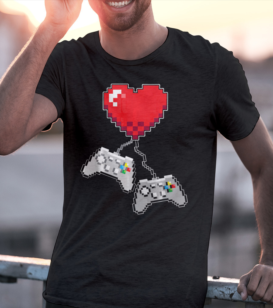 Pixel Heart Gaming Valentine Dual Controller Fun T-Shirt