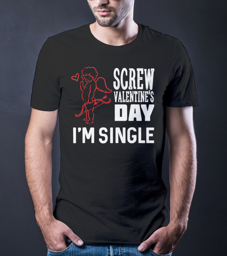 Screw Valentine's Day I'm Single Cupid Heart Drawing T-Shirt