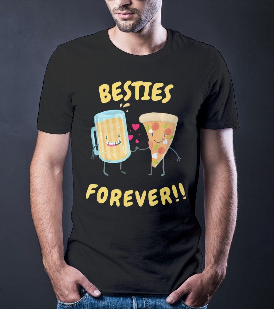 Besties Forever Beer And Pizza Lover Characters T-Shirt
