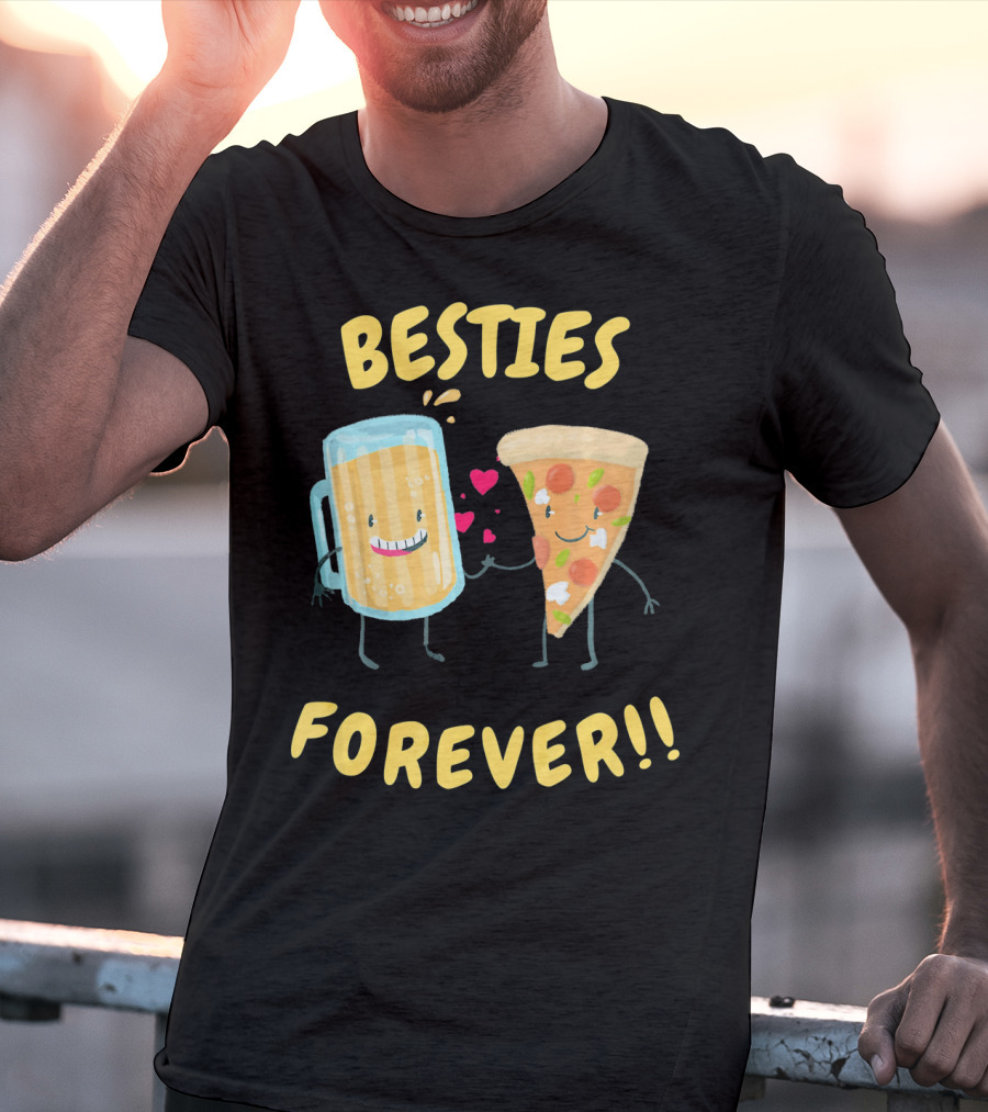 Besties Forever Beer And Pizza Lover Characters T-Shirt