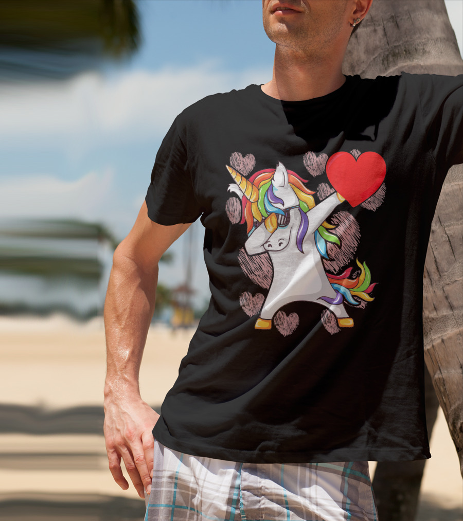 Funny Dabbing Unicorn Holding Heart Valentines T-Shirt