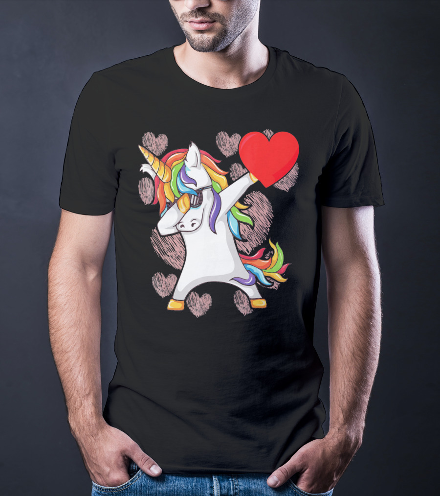 Funny Dabbing Unicorn Holding Heart Valentines T-Shirt