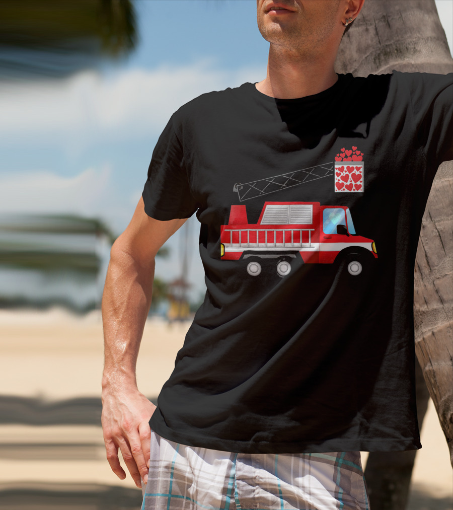 Valentine Hearts Fire Truck With Ladder And Firefighter Emblem T-Shirt