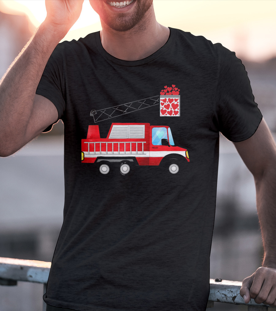 Valentine Hearts Fire Truck With Ladder And Firefighter Emblem T-Shirt