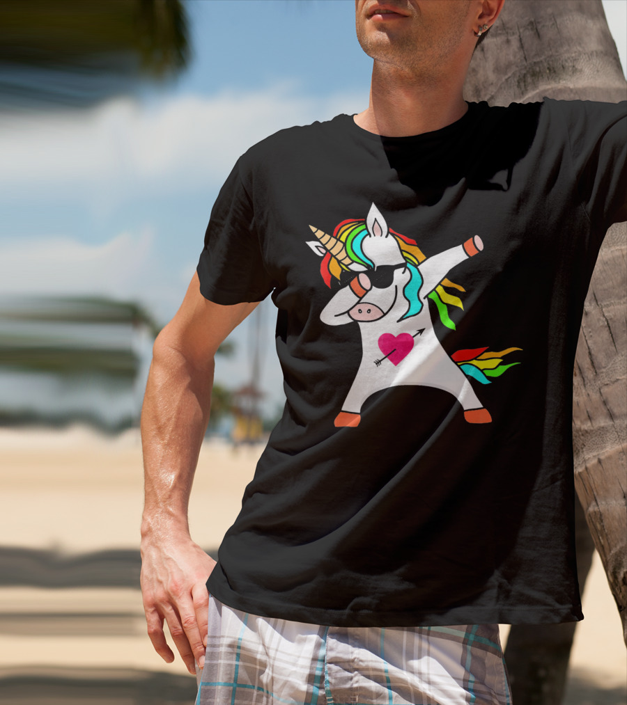Funny Heart Valentines Day Dabbing Unicorn With Rainbow Mane And Sunglasses T-Shirt