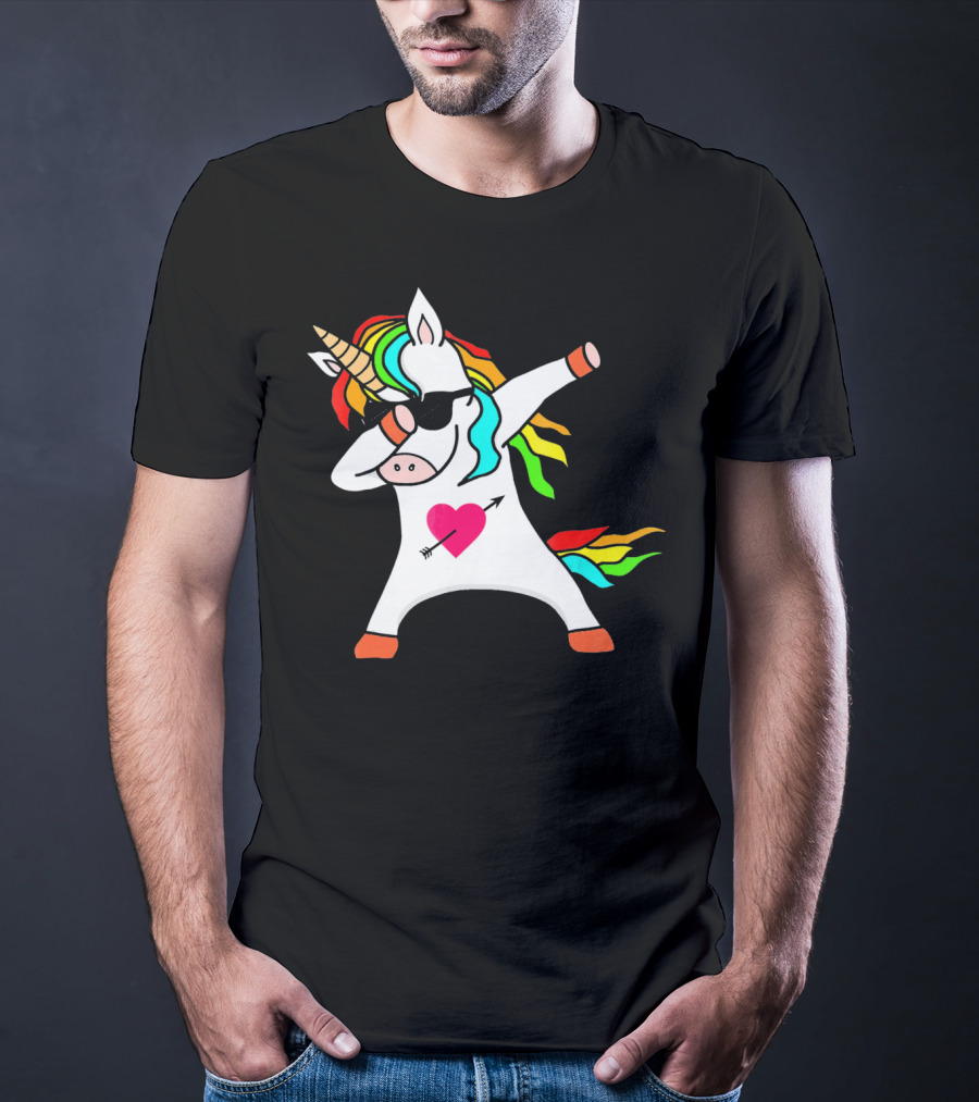 Funny Heart Valentines Day Dabbing Unicorn With Rainbow Mane And Sunglasses T-Shirt