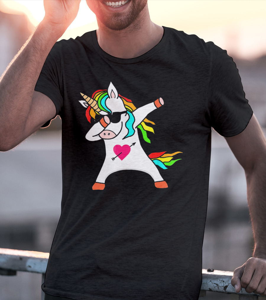 Funny Heart Valentines Day Dabbing Unicorn With Rainbow Mane And Sunglasses T-Shirt
