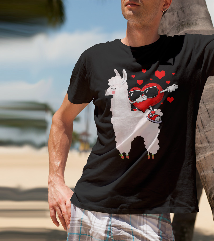 Funny Heart Dabbing On Llama Surrounded By Hearts Valentin T-Shirt
