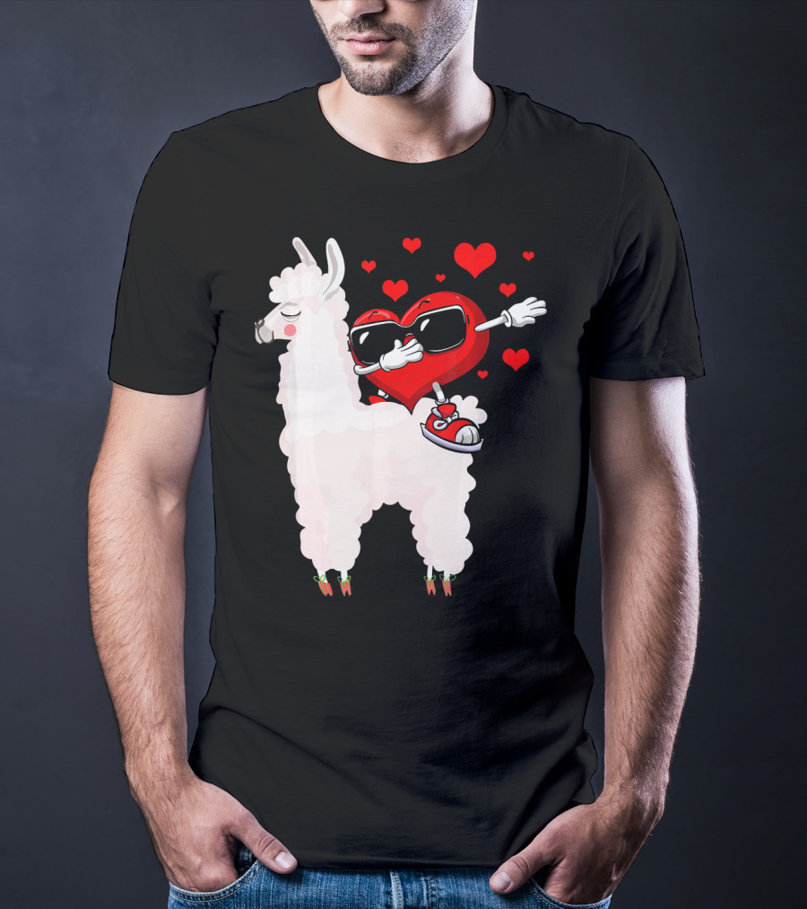 Funny Heart Dabbing On Llama Surrounded By Hearts Valentin T-Shirt