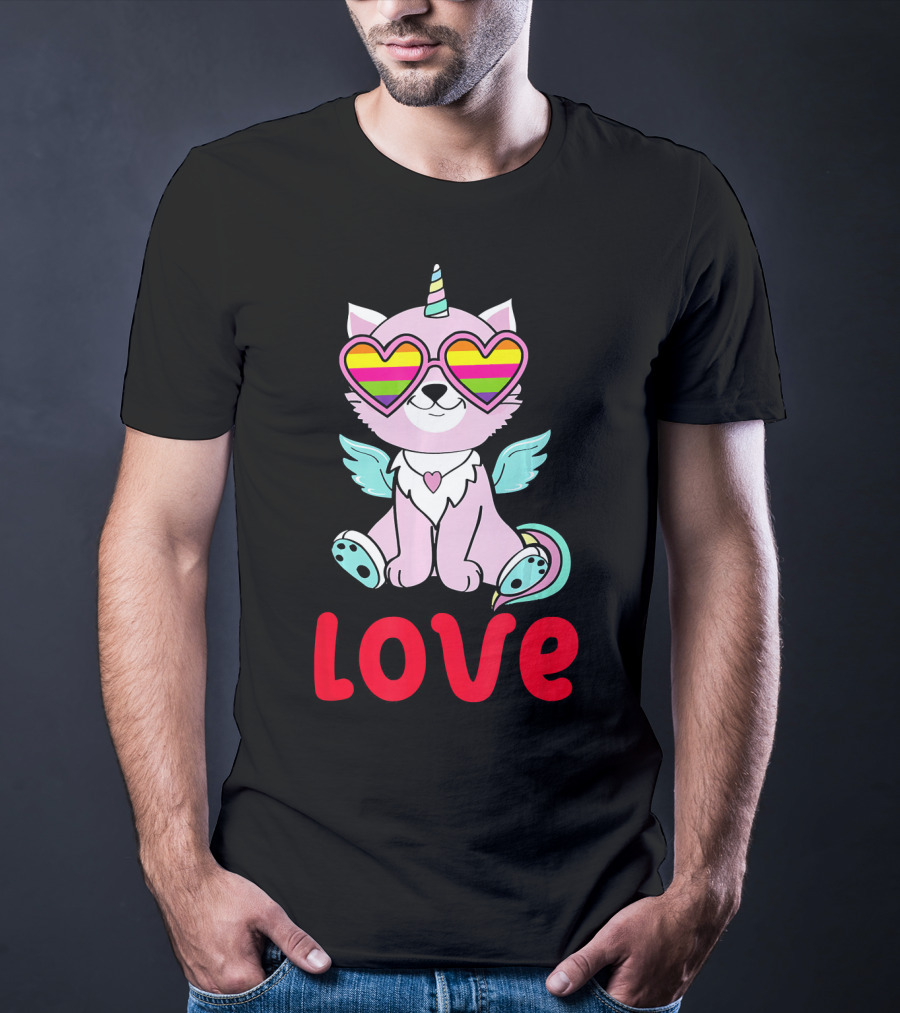 Valentines Day Love Heart Caticorn With Rainbow Sunglasses T-Shirt