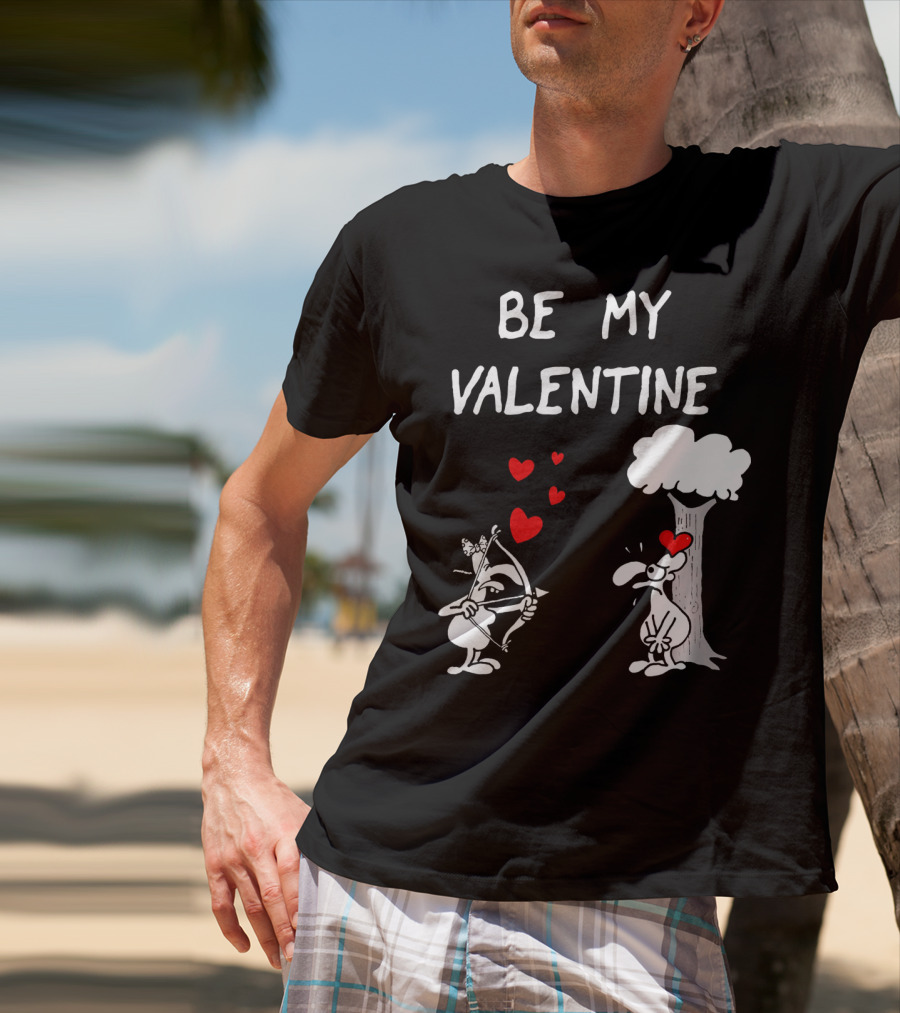 BE MY VALENTINE Funny Valentines Day Cupid Cartoon Hearts Tree T-Shirt