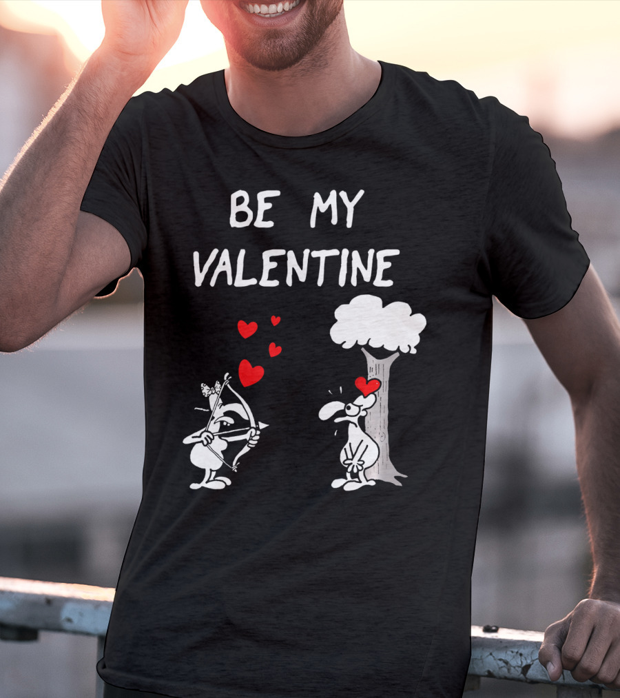 BE MY VALENTINE Funny Valentines Day Cupid Cartoon Hearts Tree T-Shirt