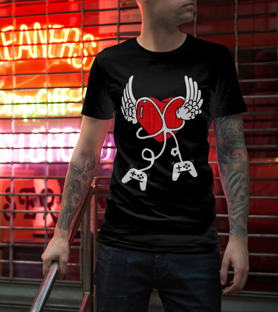 Valentines Day Heart With Wings And Video Gamer Controllers T-Shirt