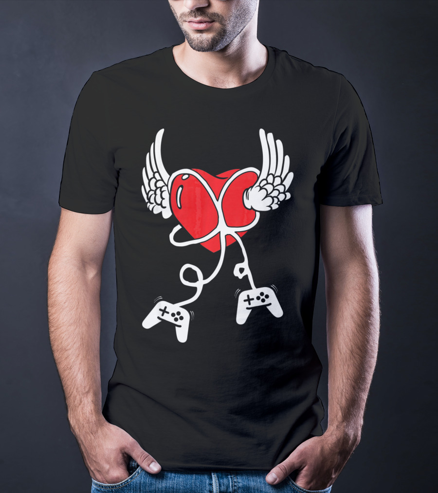 Valentines Day Heart With Wings And Video Gamer Controllers T-Shirt