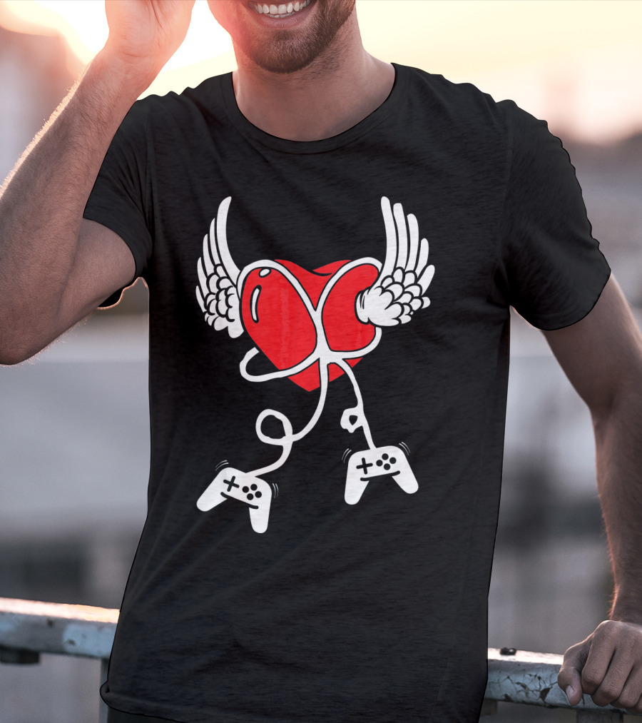 Valentines Day Heart With Wings And Video Gamer Controllers T-Shirt