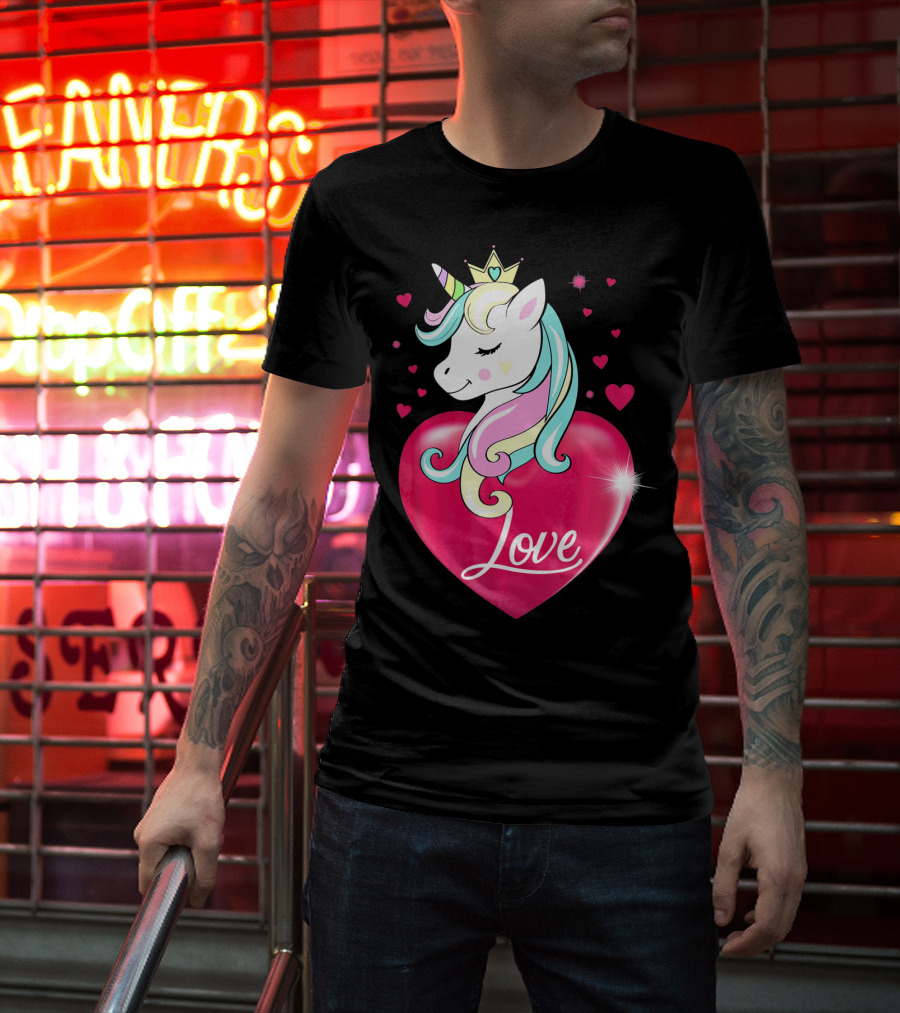 Love Heart Unicorn With Crown And Hearts Valentine's Day T-Shirt