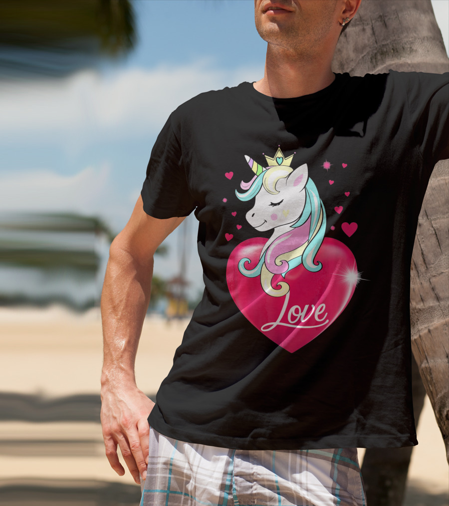 Love Heart Unicorn With Crown And Hearts Valentine's Day T-Shirt