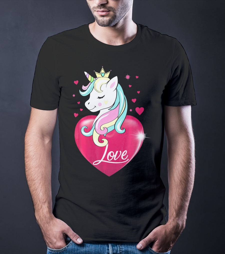 Love Heart Unicorn With Crown And Hearts Valentine's Day T-Shirt