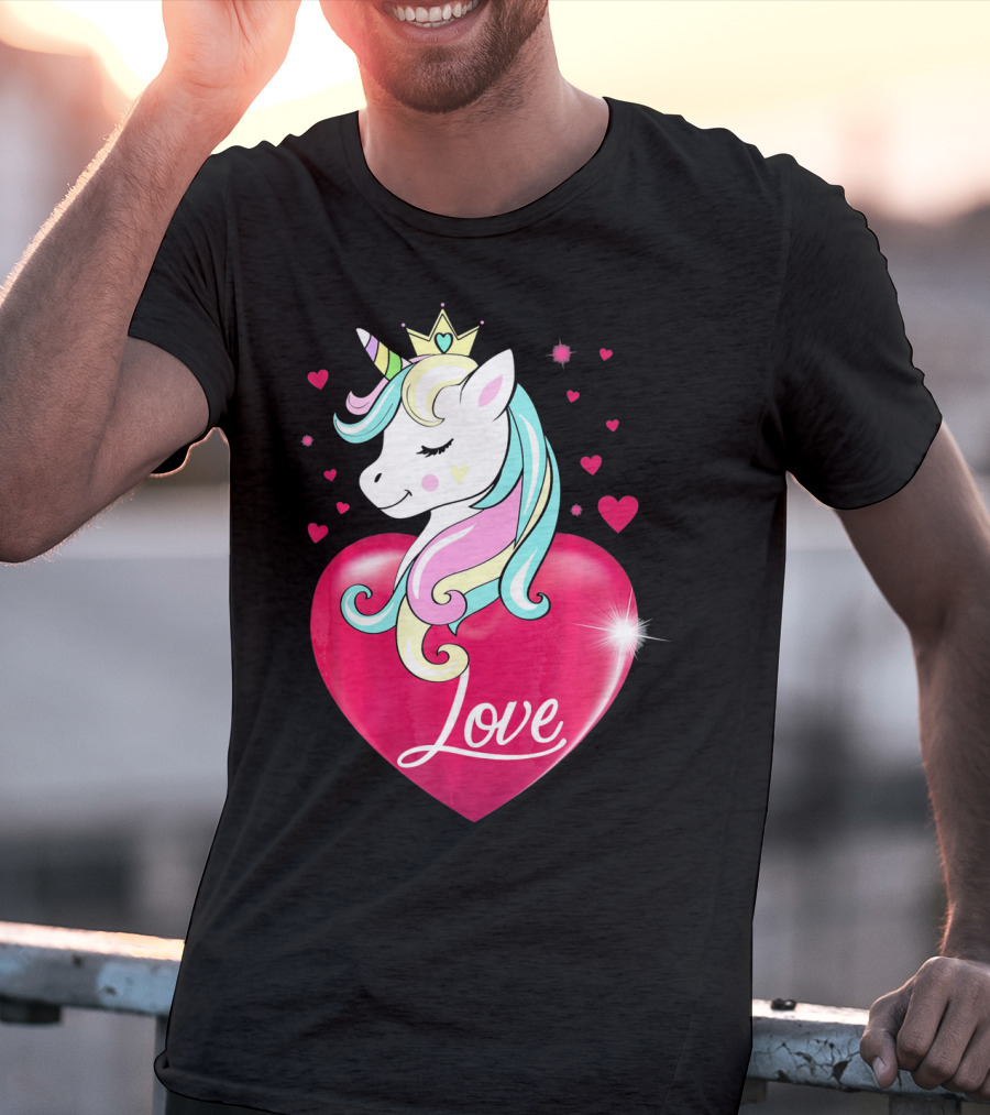Love Heart Unicorn With Crown And Hearts Valentine's Day T-Shirt