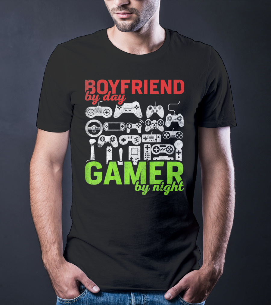 Boyfriend By Day Gamer By Night Valentines Day Gamer Controllers T-Shirt
