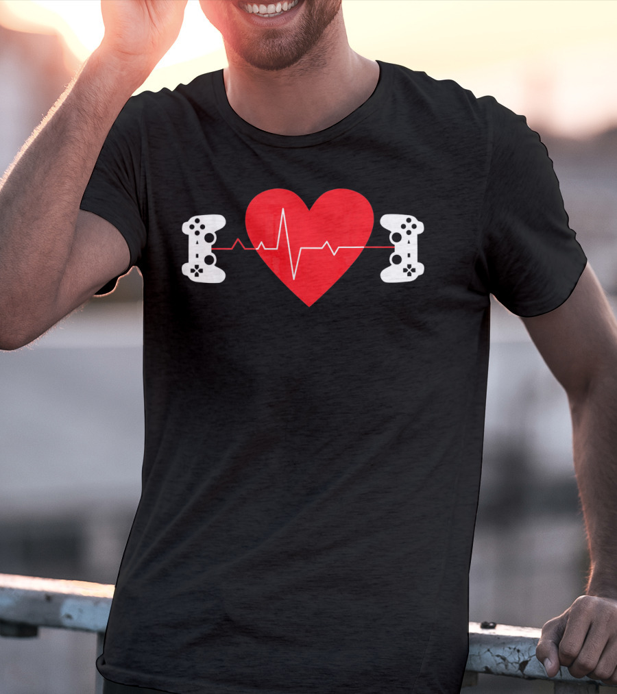 Gaming Valentine Hear Gamer Couple Controller Heartbeat T-Shirt