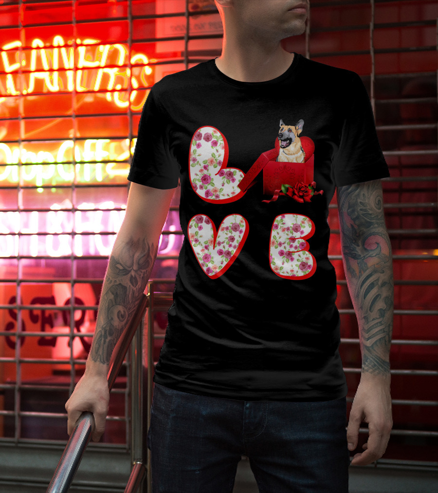 Valentine Love With German Shepherd In Floral Heart T-Shirt
