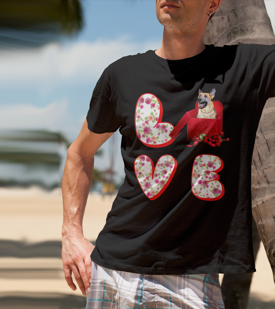 Valentine Love With German Shepherd In Floral Heart T-Shirt