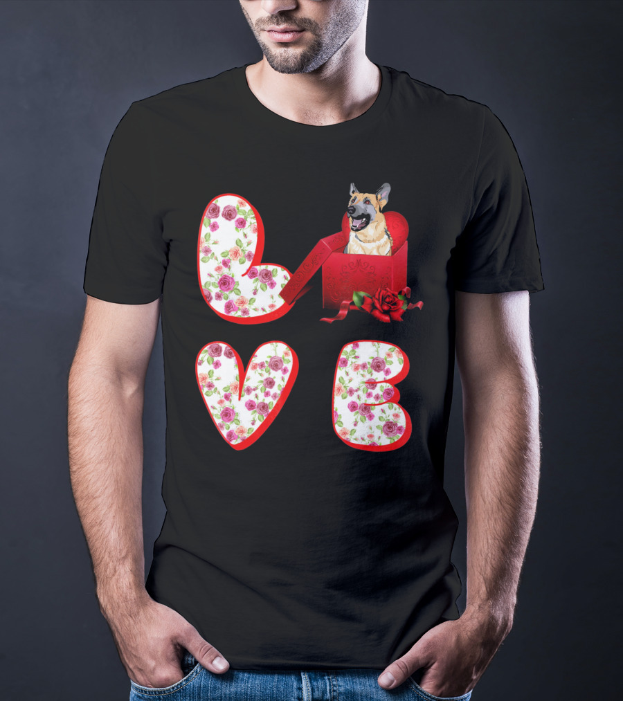 Valentine Love With German Shepherd In Floral Heart T-Shirt