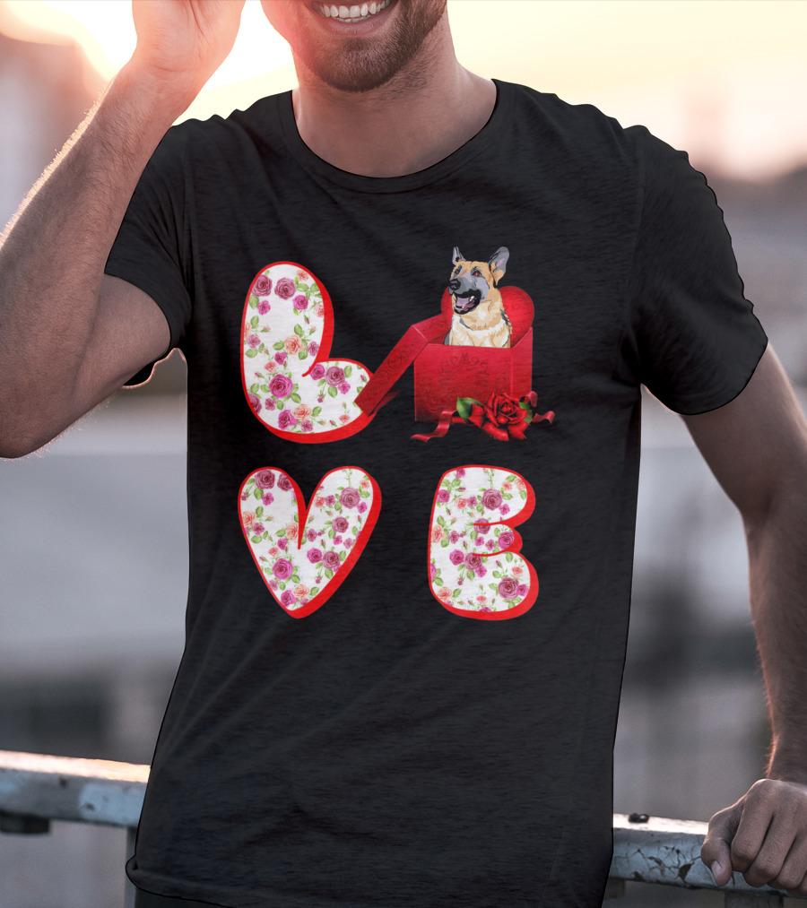 Valentine Love With German Shepherd In Floral Heart T-Shirt