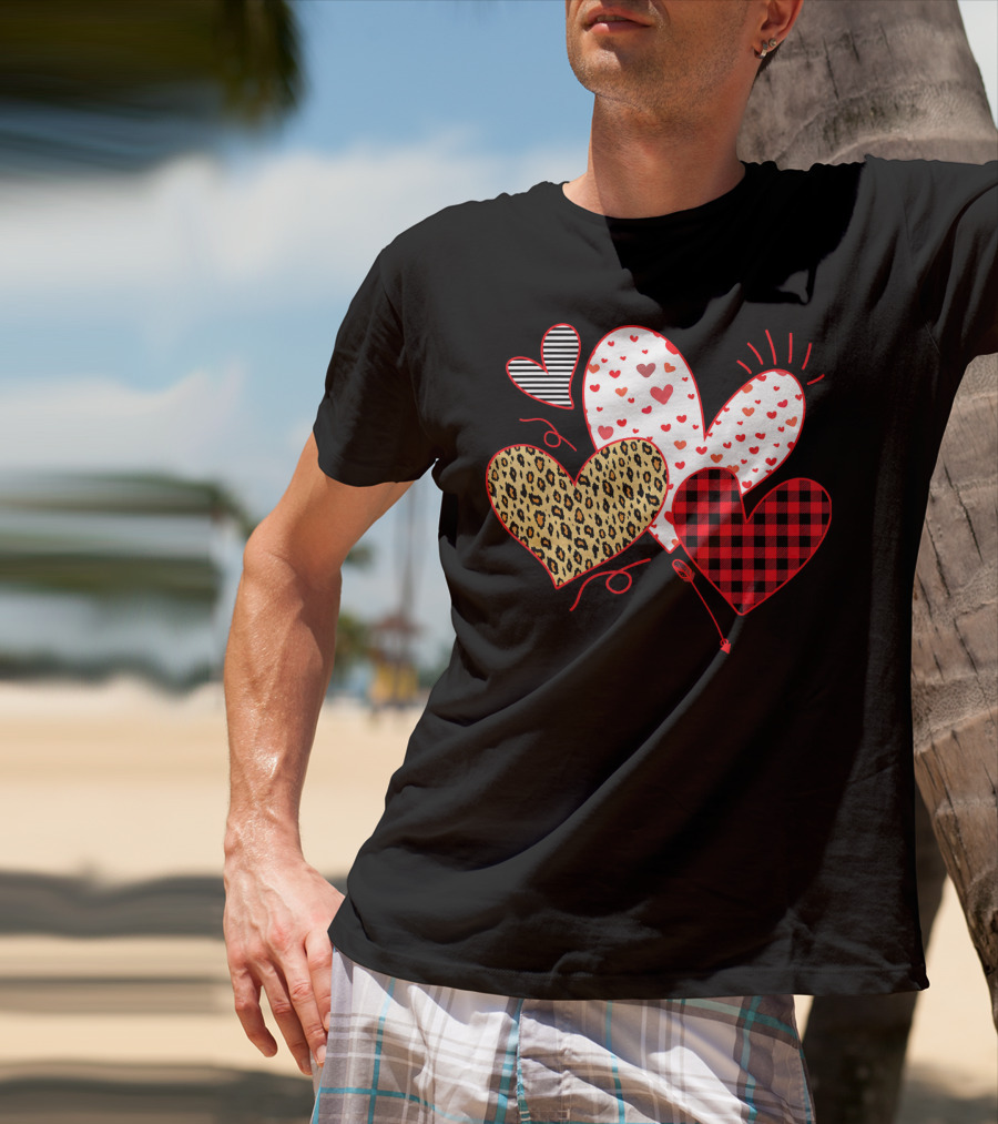 Girls Valentines Day Love Hearts Leopard Plaid T-Shirt