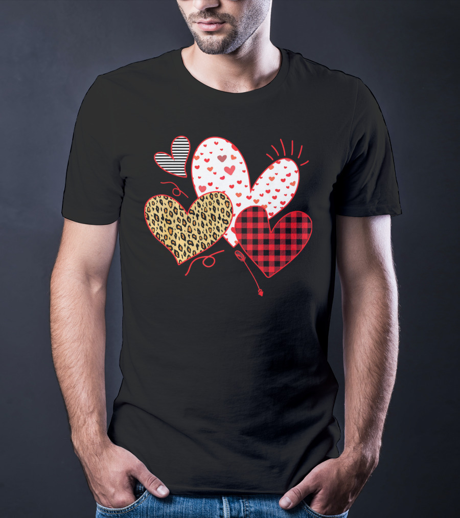 Girls Valentines Day Love Hearts Leopard Plaid T-Shirt