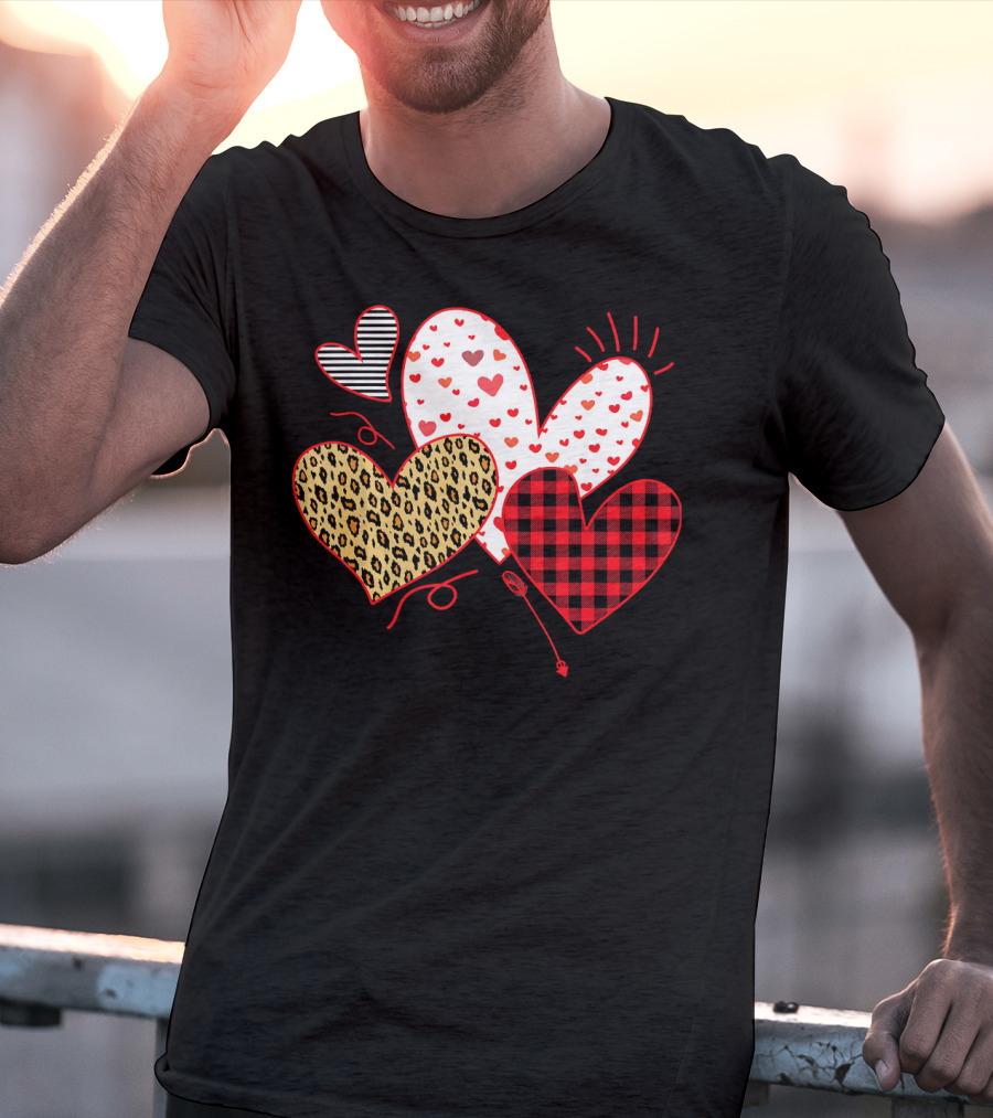 Girls Valentines Day Love Hearts Leopard Plaid T-Shirt