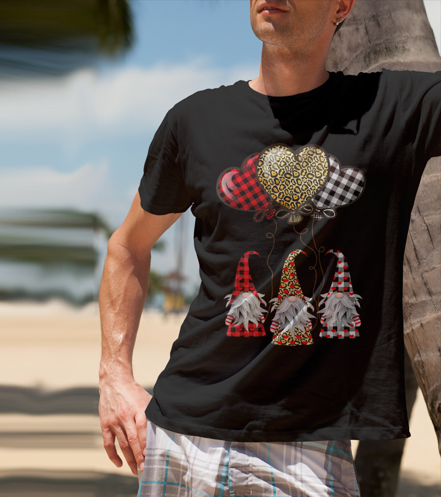 Gnomes Holding Heart Balloons With Buffalo Plaid And Leopard Print T-Shirt