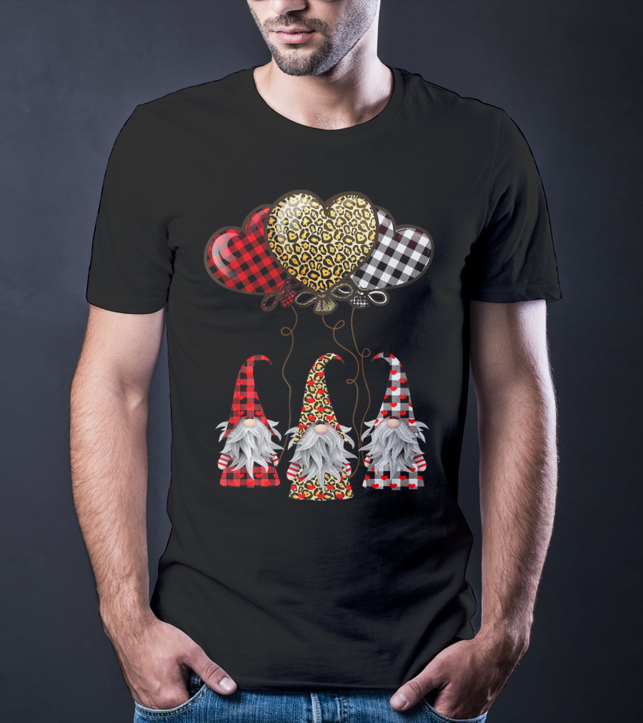 Gnomes Holding Heart Balloons With Buffalo Plaid And Leopard Print T-Shirt