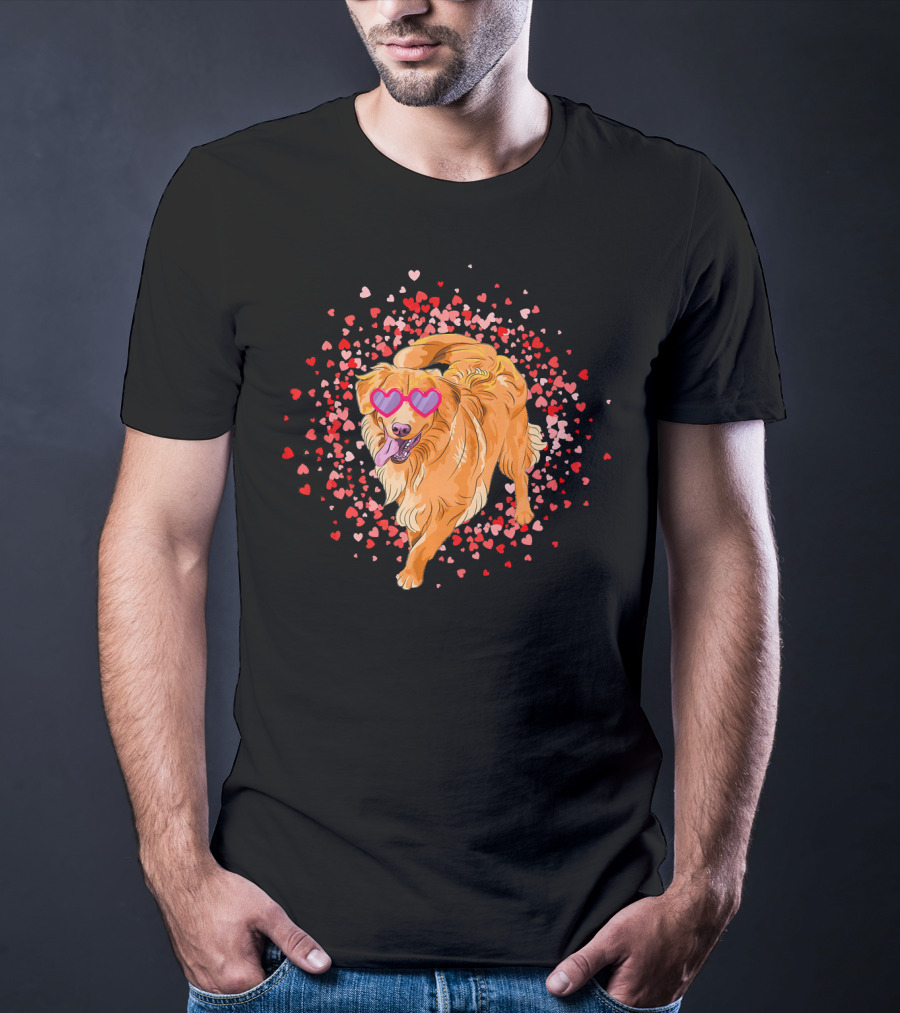 Golden Retriever With Heart Glasses Surrounded By Valentine's Day Hearts T-Shirt