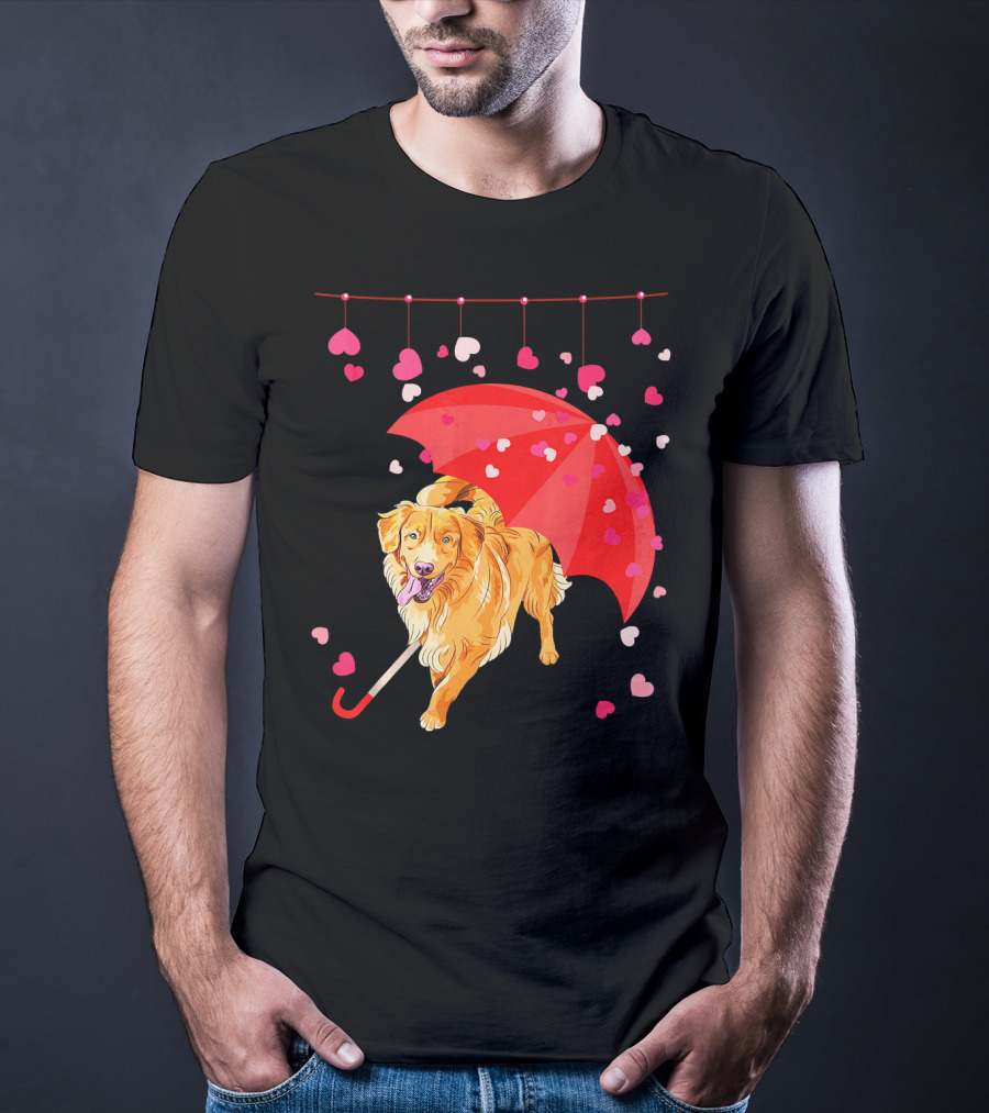Golden Retriever With Umbrella And Falling Hearts Valentin T-Shirt