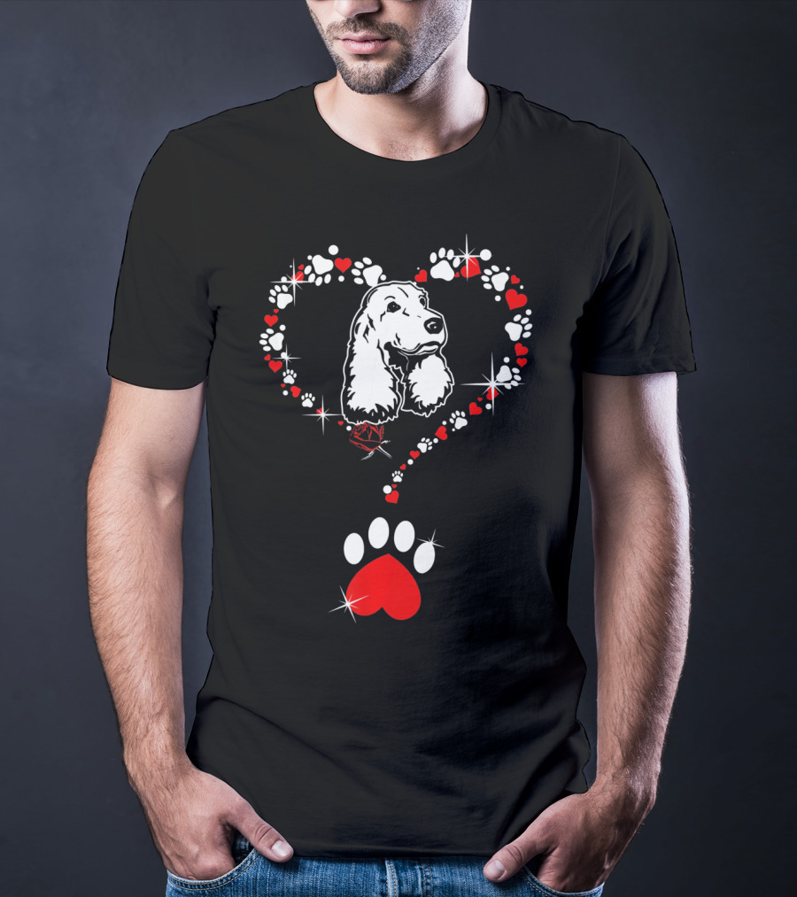 Happy Valentine Cocker Spaniel Dog Heart Paw Prints T-Shirt