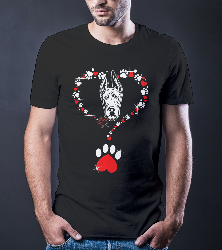 Happy Valentine Great Dane Dog Heart Pawprint T-Shirt
