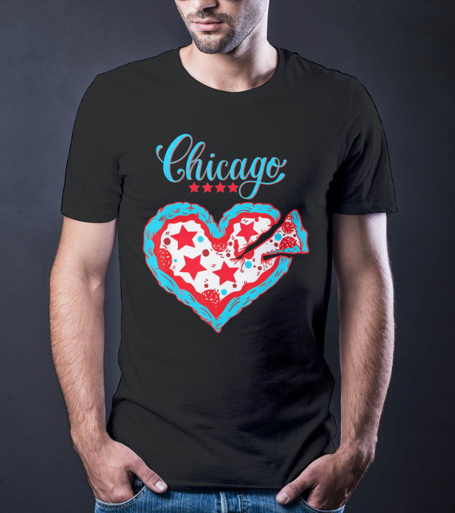 Chicago Heart Pizza Stars Valentines Day T-Shirt